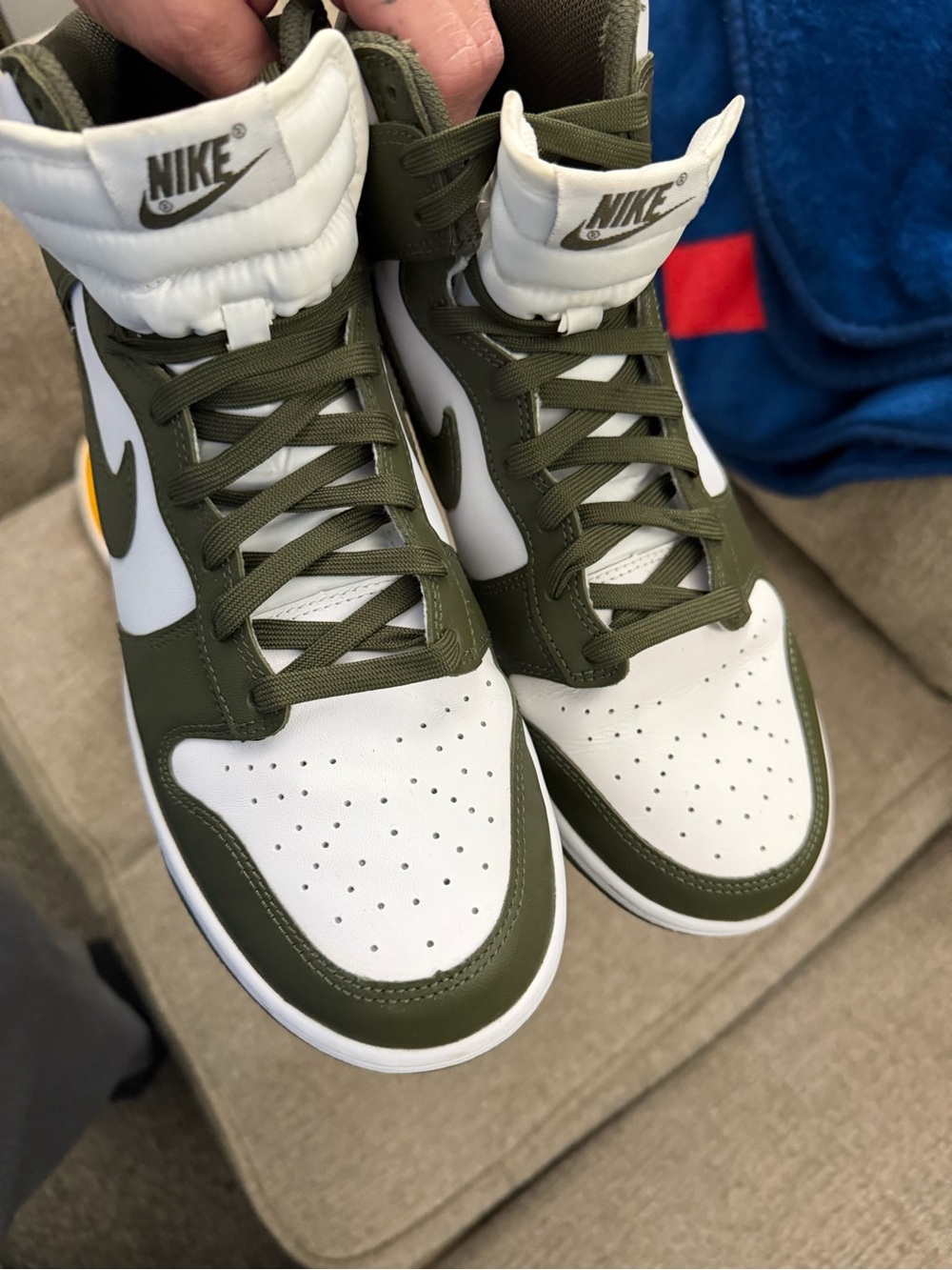 Nike Olive Green and White High-Top Sneakers with Yellow Accent